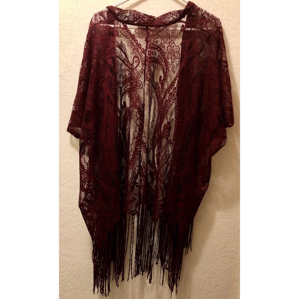 Maroon Lace and Fringe Cardigan Duster - Picture 3 of 3